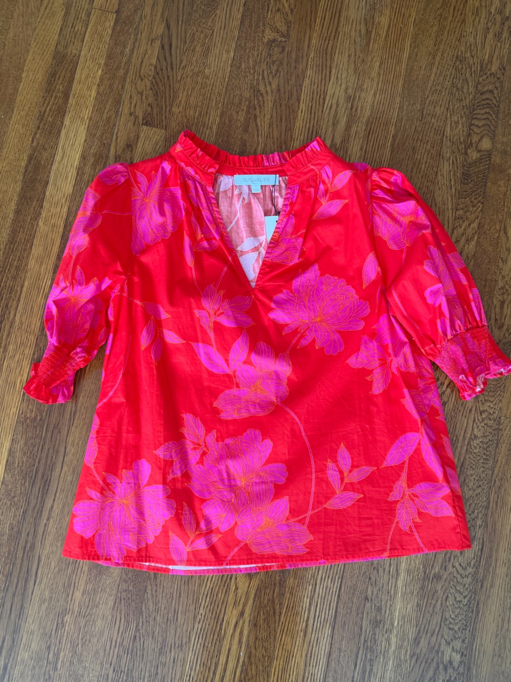 Sugar Lips Red and Purple Floral V-Neck Puff Sleeve Blouse NWT Sz Med